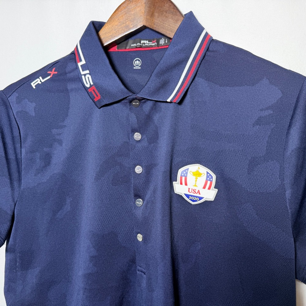RLX Ralph Lauren Women's L USA 2020 Ryder Cup Navy Camo Golf Polo 5 Snap
